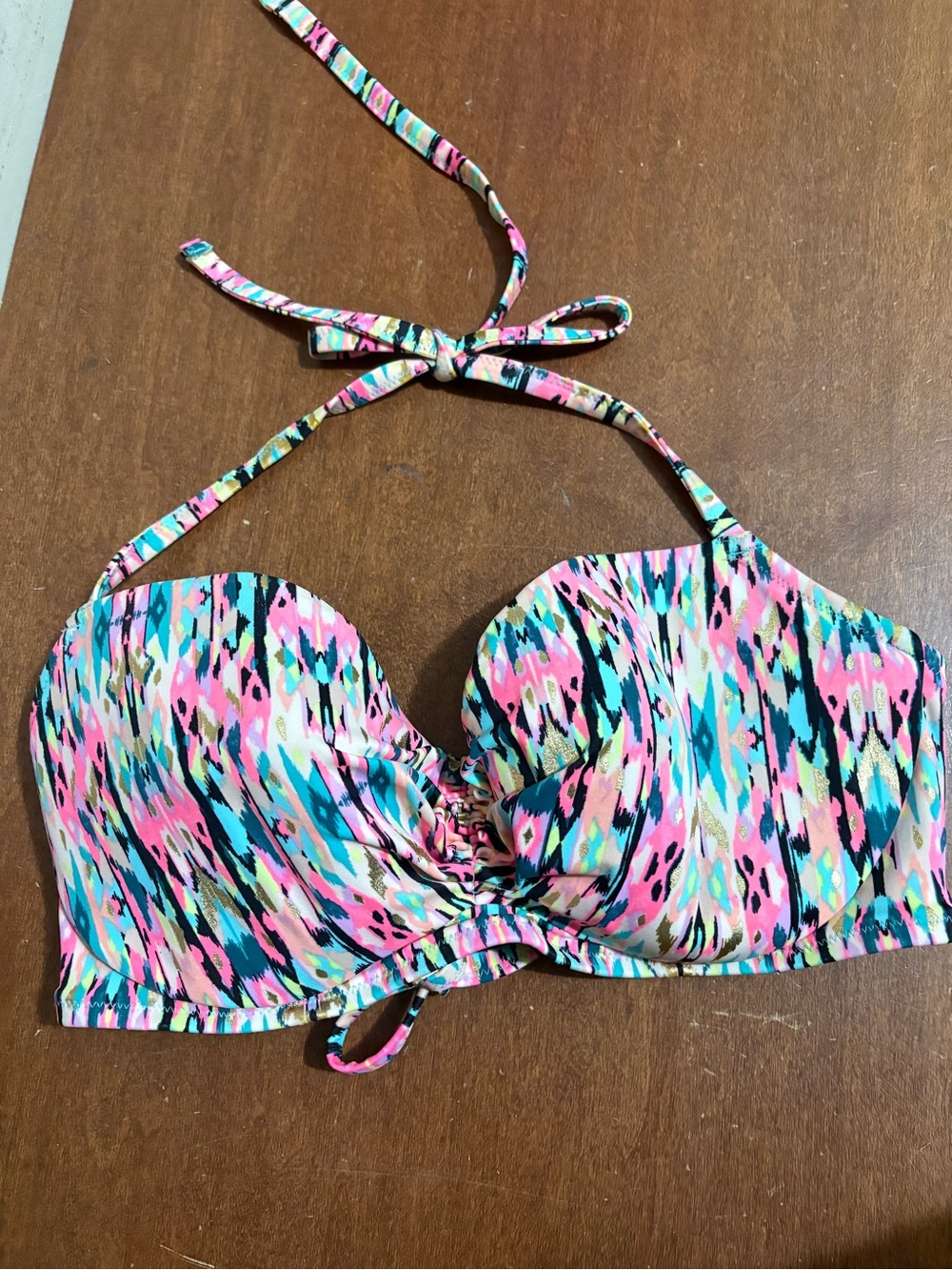Shade & Shore Teal, Pink & Black Ikat Bandeau Bikini Top- 36D